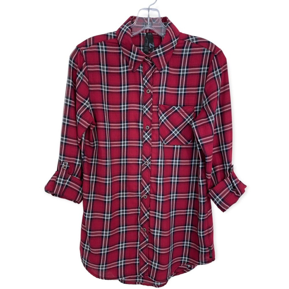 Seven7 | NWOT Lightweight Plaid Cotton Tab Sleeve Button Up Shirt Red Size XS